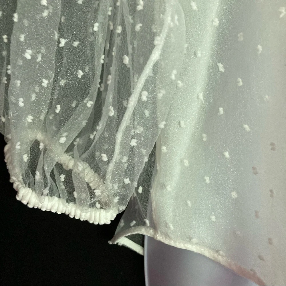 Zara White Swiss Dot Sheer Puff Sleeve Organza Button Up Blouse, Sz S